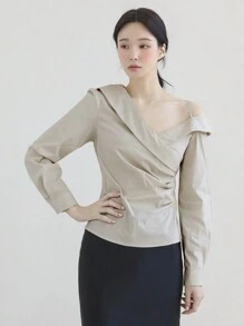 DAZY 女式不对称肩长袖收腰衬衫，秋季服装 - 灰色 - 查看 2
