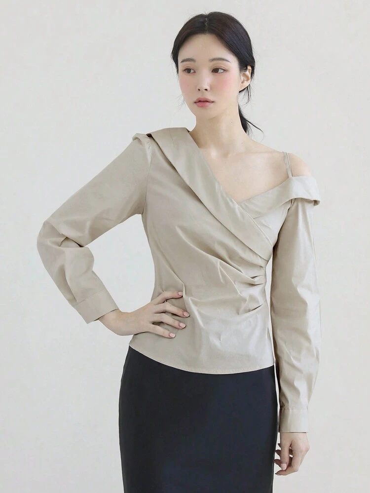 Women's Asymmetric Shoulder Long Sleeve Cinched Waist Blouse,Fall Clothes