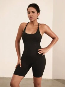 Tropiluxe Solid Color Open Back Sleeveless Yoga Sports Seamless Romper Sportwear For Daily Wear