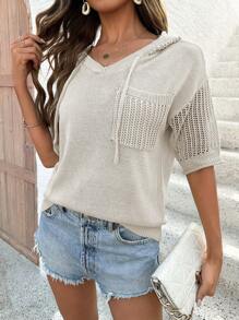 SHEIN LUNE Women's Solid Color Dropped Shoulder Short Sleeve Hooded Casual Knit Sweater - Apricot - View 4