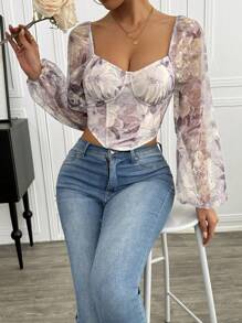 Calvaya Blusa de manga larga, de corte asimétrico, con detalles de espina de pescado, cierre con gancho y ojo, y estampado floral estilo vintage, para mujer, ideal para el Día de San Valentín