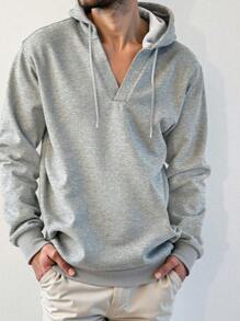 Men's Solid Color Drop Shoulder Drawstring Hooded Sweatshirt, Grey Hoodie - Light Grey - View 3