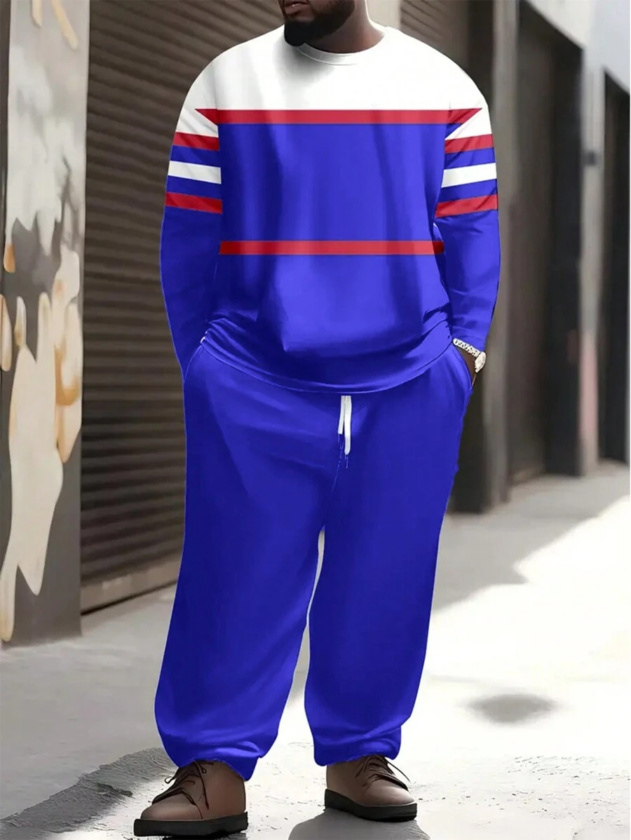 Manfinity Dauomo 2pcs Men's New Striped Crew Neck Long Sleeve Hoodie Sweatshirt Sport Casual Suit, Spring/Autumn - Blue - View 1