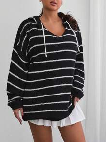 RueChic Striped Pattern Design With Hood Suitable For Casual Style Women's Sweater Tops - Black and White - View 1