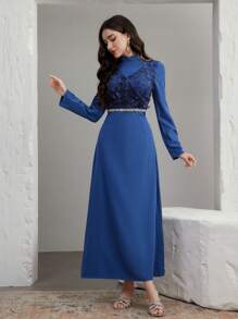 Graceveil Vestido de manga larga estilo árabe elegante para mujer con decoraciones de apliques, modesto