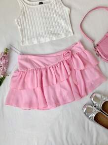 Comfortcana Women's Solid Color 3D Floral Contrast Ruffle Hem Mini Skirt