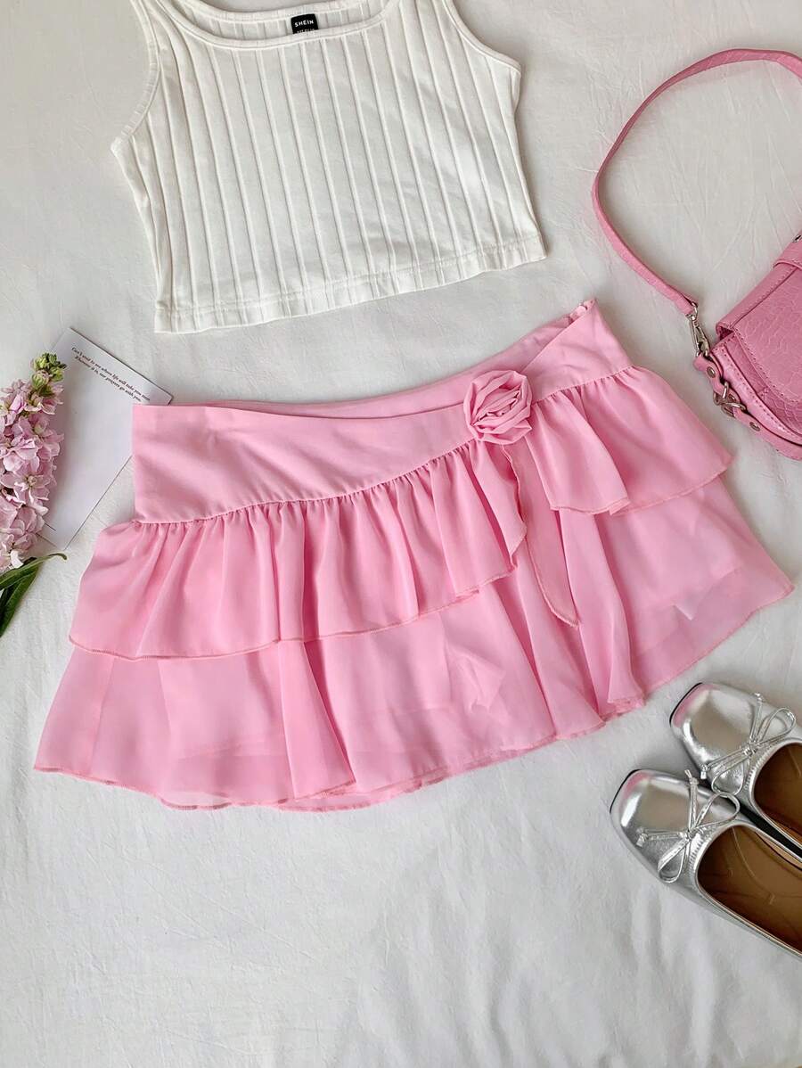 Comfortcana Women's Solid Color 3D Floral Contrast Ruffle Hem Mini Skirt