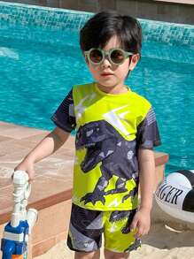 SHEIN 3 Piece Young Boys Boys Casual Sports Swimsuit With Dinosaur Pattern Kids Outfits Young Boy Clothes Back To School Boys Set Suitable For Outdoor Swimming Suitable For Daily Use Suitable For School Suitable For Travel Suitable For Sports Suitable For Spring, Summer, Autumn And Winter Seasons