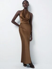Aveloria Modichic Elegant Satin Plunging Backless Dress, Brown Color, Suitable For Party - Brown - View 4
