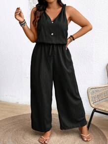 SHEIN Frenchy Plus Size Earthy Clothes Textured Crepe Cami Jumpsuit With Bowknot Waist And V-Neckline