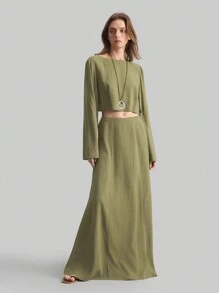 Ontre Women's Solid Color Linen Long Sleeve Crop Top And A-Line Long Skirt 2 Pieces Set, Casual Bohemian Style, Spring/Summer - Green - View 4