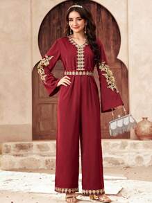 SHEIN 少女 V 领纯色拼接金线花卉连体裤，休闲斋月服装 - 酒紅色 - 查看 3