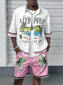 AXEPEAK 男士宽松数码印花短袖针织衬衫和短裤套装，街头潮流