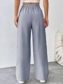 SHEIN PETITE 女式系腰细条纹直筒裤 - 藏蓝色 - 查看 2