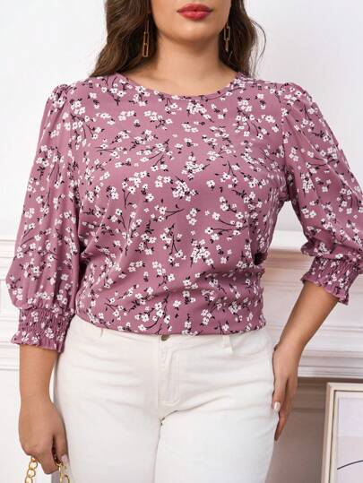 SHEIN Clasi Plus Size Women Elegant Ditsy Floral Button-Down Shirt, Autumn