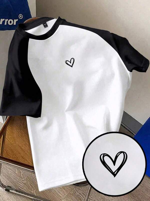 SHEIN Essnce Plus Size Casual Minimalist Heart Print Raglan Sleeve Contrast Color Panda T-Shirt