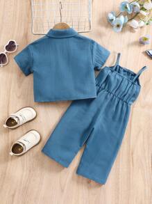 SHEIN Baby Girls Blue Short Sleeve Shirt & Elastic Waist Pants 2 Pieces Outfit, Spring/Summer - Blue - View 2