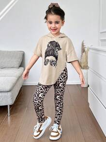 Set de 2 piezas de camiseta de punto con diseño de dibujos animados lindo + pantalones ajustados de punto para niñas - Caqui - Ver 5