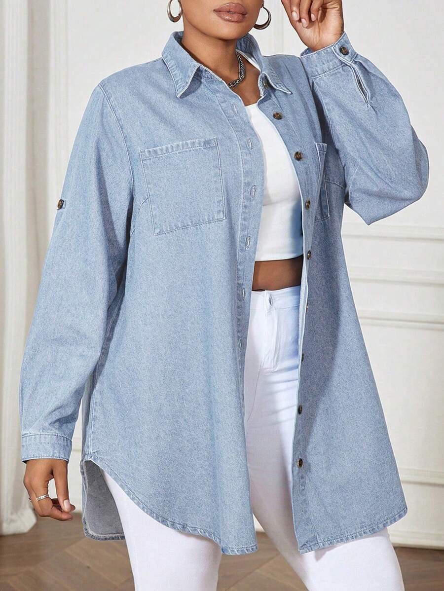 SHEIN ICON Blue Plus Size Denim Dress Casual Loose Long Sleeve Shirt Dress Casual And Comfortable, Fall Women Clothes - Light Wash - View 1