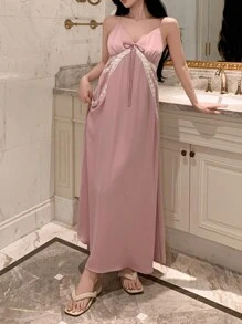 DAZY Váy ngủ dài phối ren phối màu lãng mạn - Hồng - Xem 3