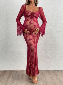 MaterniChic Váy bodycon ren tay dài dự tiệc mừng em bé chào đời có tay loe và cổ tim, váy bầu - Màu Đỏ Sâu - Xem 1