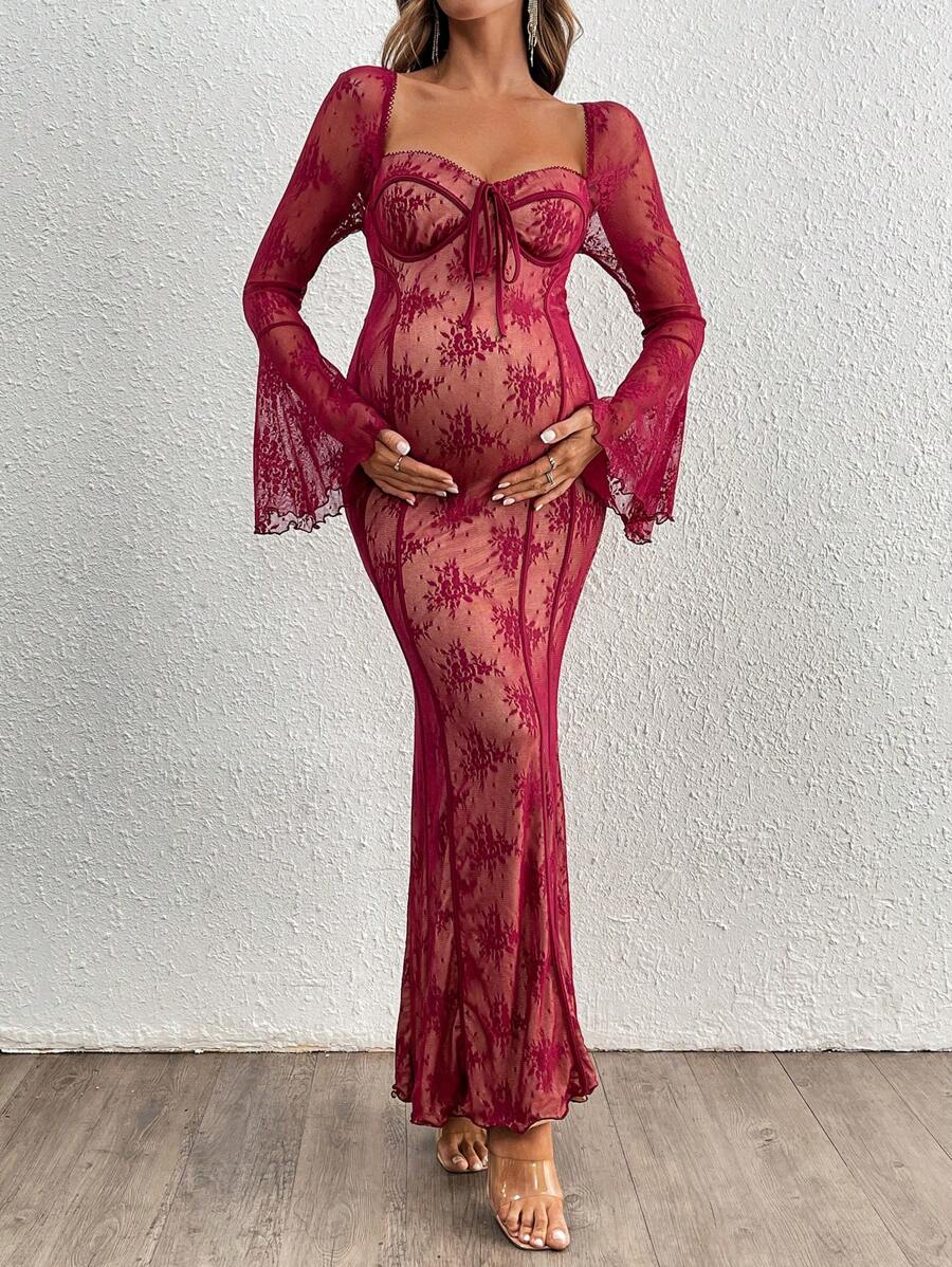 MaterniChic Váy bodycon ren tay dài dự tiệc mừng em bé chào đời có tay loe và cổ tim, váy bầu - Màu Đỏ Sâu - Xem 1