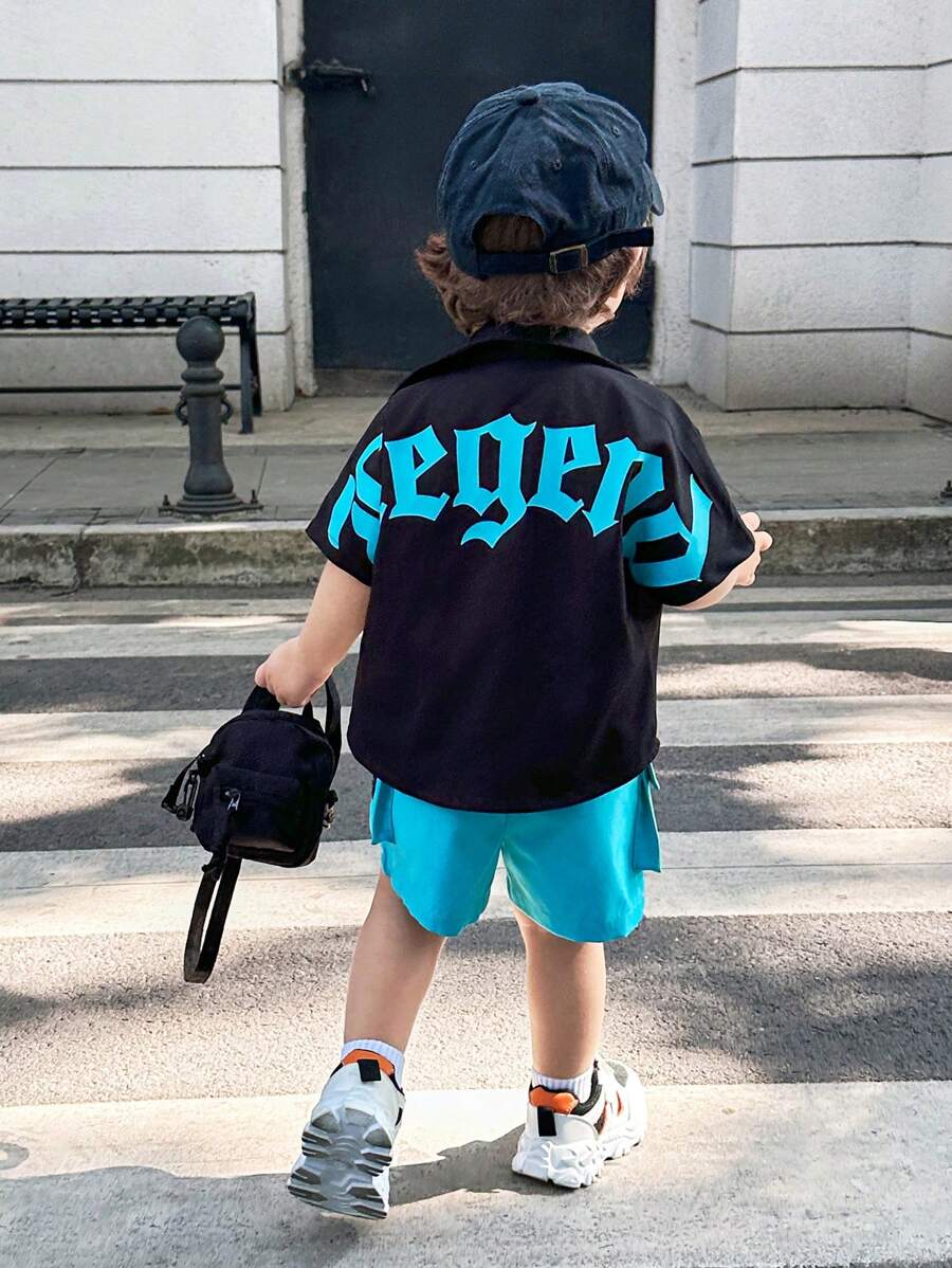 SHEIN 2pcs/Set Baby Boy Summer Casual Korean Style Cute Letter Pattern Short Sleeve Shirt Top And Elastic Waist Shorts Set - Multicolor - View 1
