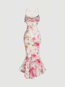 SHEIN MOD 女士复古花卉印花针织鱼尾连衣裙，春季花卉图案连衣裙，粉色连衣裙，情人节