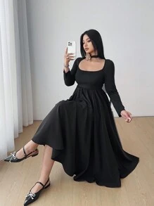 Celure Plus Size Casual Fitted Long Dress, French Style, Minimalist & Fashionable, Suitable For Daily Wear