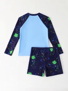 Tween Boys Printed 2 Pieces Swimwear Set Tween Boys' Two-Piece Swimsuit Set: Long Sleeve Rash Guard And Swim Trunks With Fun Vibrant Game Controller Print And UV Protection For Beach And Pool Days Stylish Tween Boy Beach Outfit: Full Print Long Sleeve High Neck Swim Shirt And Shorts Set With Game Controller Design Perfect For Summer Fun