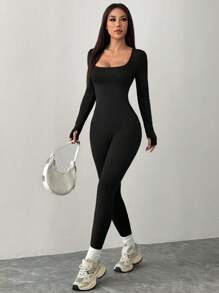 SHEIN PETITE Svart stickad fyrkantig hals Tight Casual Sports Yoga Jumpsuit - Svart - Visa 3