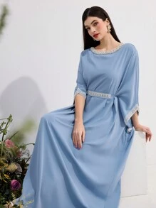 Al Najma 女式纯色仿珍珠装饰长袖阿拉伯连衣裙，端庄