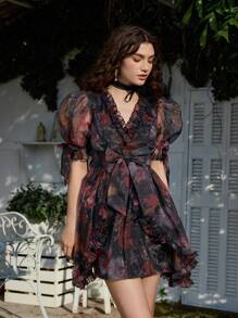 SHEIN MOD Women's V-Neck Mesh Casual Short Dress, Minimalist & Fashionable For Everyday Wear, Elegant,Valentine's Day,Spring,Summer,Dresses For Women Elegant,Birthday Outfits For Women,Vacation Dress,Fairycore,Concert Outfit Women,Tea Party Outfit,Brunch Outfits For Women,Chinese New Year Outfit