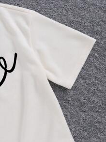 SHEIN Teen Girl Solid Color Ribbed Knit Round Neck Short Sleeve T-Shirt & Graphic Print Shorts Set, Casual Everyday Wear