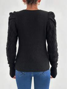 SHEIN Cottnline V-Neck Solid Color Puff Sleeve Knit Pullover Sweater - Black - View 2