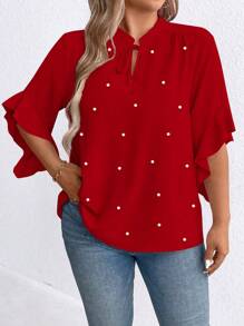 Plus Size Women's Tie Collar Faux Pearl Decor Ruffle Sleeve Blouse - Red - View 4