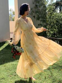 DAZY 女士优雅花卉中长连衣裙，适合春秋季度假，荷叶边长袖连衣裙 - 黃色 - 查看 7