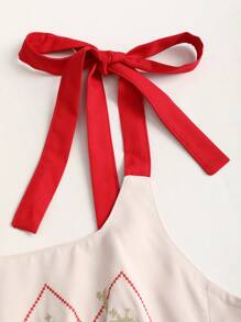 Sweetra 法式复古刺绣花卉印花度假休闲拼色系带 A 字裙 - 杏色 - 查看 5