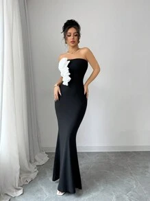 Elenzga Women Elegant Tube Dress With Sculpted Floral Design Fishtail Dress