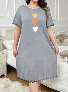 3pcs Plus Size T-Shirt Nightgown With Heart Print, Casual
