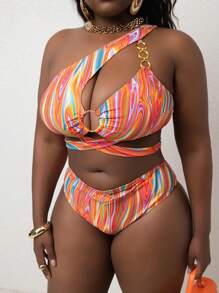 Slaydiva Conjunto de bikini de traje de baño para mujer talla grande con estampado abstracto y decoración de hebilla de metal para el verano