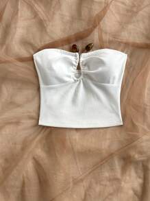 Soleia Top curto com decote em U e malha colorida, texturizado, de malha jacquard, feminino, justo e elegante, adequado para festas, encontros de dia dos namorados, chá da tarde, passeios urbanos - Branco - Ver 3