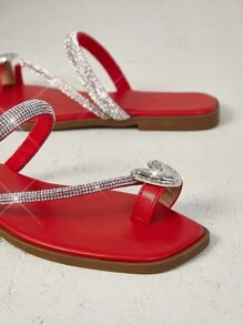 SHUZIA Sandalias planas con tira fina y decoración de rhinestones, cómodas y de moda, con aros para los dedos, para uso diario y vacaciones