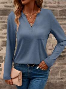EMERY ROSE Women's Solid Color V-Neck Pocket Long Sleeve Casual T-Shirt Fall Cloth For Women - Blue - View 5