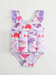 SHEIN Baby Mädchen Cartoon Fisch Muster Rüschenbesatz Carmen-Ausschnitt süßer Einteiler Badeanzug für Strandurlaub