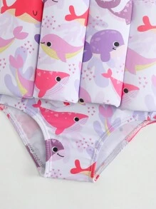 SHEIN Baby Mädchen Cartoon Fisch Muster Rüschenbesatz Carmen-Ausschnitt süßer Einteiler Badeanzug für Strandurlaub