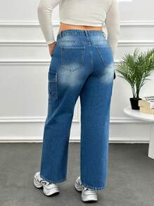 RueChic High Waist Cargo Pocket Straight Jean - Medium Wash - View 2