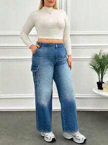 RueChic High Waist Cargo Pocket Straight Jean - Medium Wash - View 5