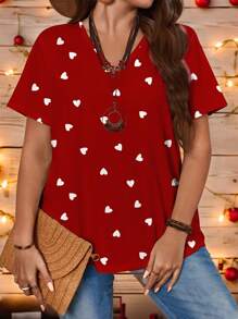 SHEIN Essnce Heart Print Casual Loose Plus Size Women Short Sleeve T-Shirt, Suitable For Summer,Valentine's Day