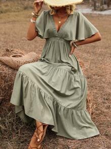 Breezaya Đầm dài đi biển phong cách Bohemian mùa xuân/hè màu trơn cổ chữ V trễ vai tay loe eo viền nhiều lớp viền bèo nhún cho nữ - xanh quân đội - Xem 4